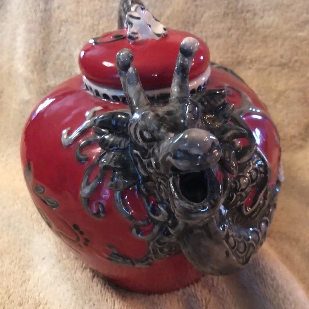 Red Dragon/Vine Teapot Collectible Blue Sky Clayworks 7”high 10” wide